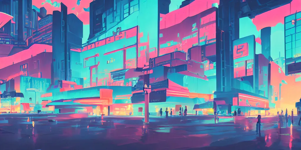 Prompt: matte gouache painting of a city with posters of hatsune miku, digital art, goache painting, in the style of kurzgesagt and makoto shinkai, fanart, pixiv, anime
