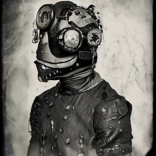 Image similar to tintype photographs of techno shamans, telepaths, dieselpunk cyborgs, masked heroes, irradiated humans, ancient ones, mystic monsters, and monster hunters