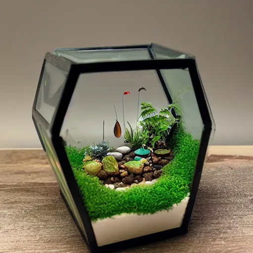 Image similar to a terrarium with sizewell b nuclear power plant diorama inside on top of a minimalist table, lit from the side