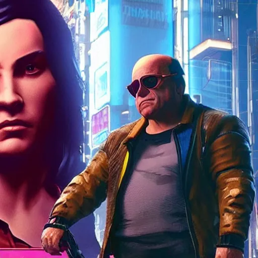 Image similar to Danny devito as character in cyberpunk 2077