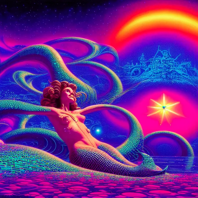 Prompt: cosmic mermaid over infinite crystal temples, ( ( ( synthwave ) ) ), ( ( fractal waves ) ), bright neon colors, highly detailed, cinematic, tim white, roger dean, michael whelan, caza, bob eggleton, philippe druillet, vladimir kush, kubrick, alfred kelsner, isono, vallejo