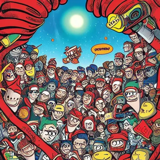 Image similar to wheres waldo in the galaxy, cover art