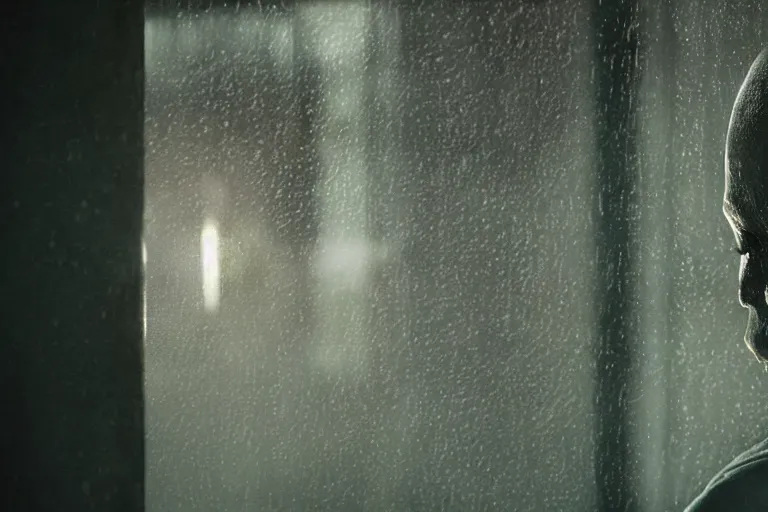 Image similar to a cinematic painting of an alien inside of jail cell looking out of a small rainy window, beautiful lighting, high depth, ultra realistic, artistic, by annie leibovitz and zack snyder