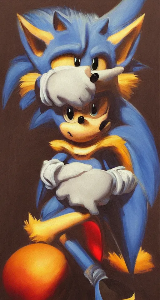 Prompt: sonic the hedgehog studious portrait painting, chiaroscuro, oil painting