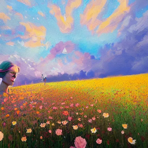 Image similar to girl with a flower face, surreal photography, bizzare, dreamlike, standing in flower field, in a valley, sunrise dramatic light, impressionist painting, colorful clouds, artstation, simon stalenhag