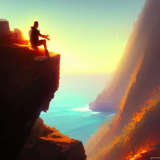 Image similar to a man sitting on a cliff watching the sun explode, painting, digital art, harsh lighting, 4 k hd wallpaper, trending on art station, art by greg rutkowski and andreas rocha 4 k