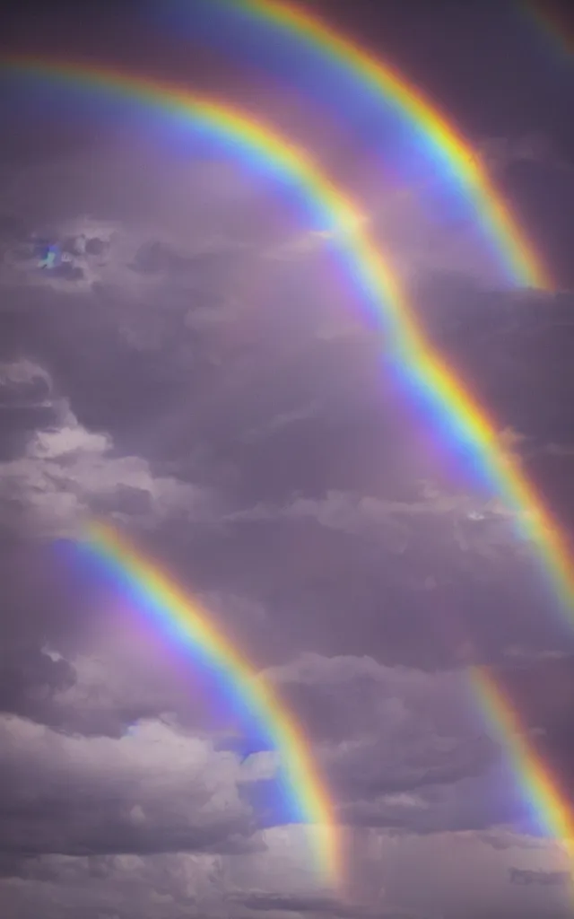 Prompt: dark night stormcloud, intricated multiple rainbows with emoji shapes, light gleams and beams photography