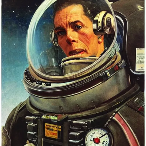 Prompt: a beautiful portrait of a space bounty hunter by Norman Rockwell