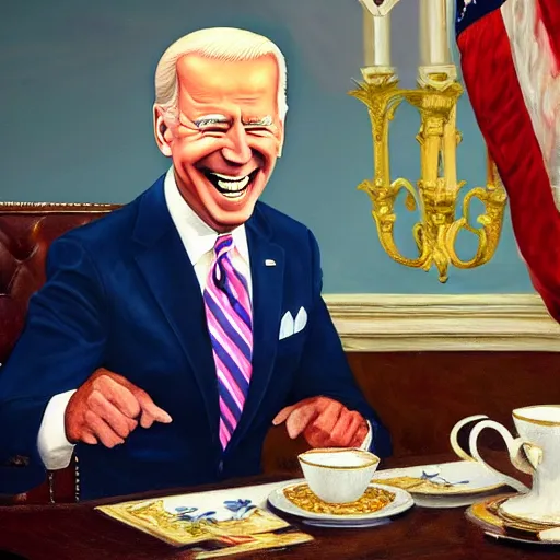 Prompt: a painting of joe biden laugh in tea party with osama bin laden, justify content center, hyper realistic content, frontal hyperdetailed realistic content, sharp focus, intricate, baroque, delete duplicate content
