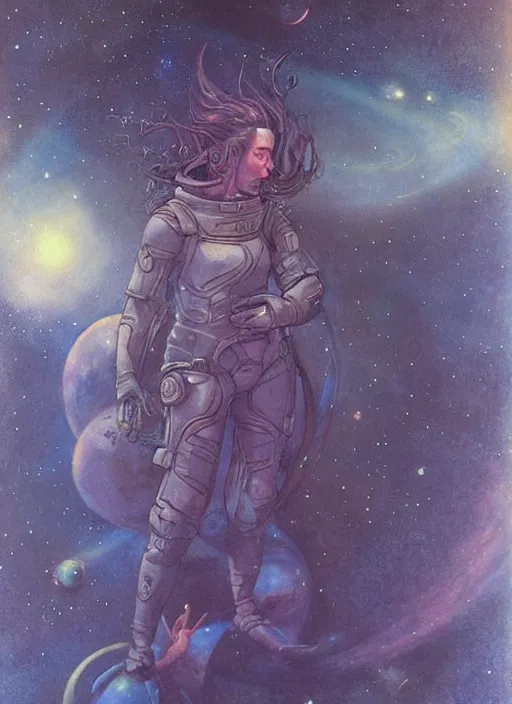 Image similar to portrait of female space ranger, night sky background, beautiful! coherent! by brom, by brian froud, deep color, strong line, high contrast