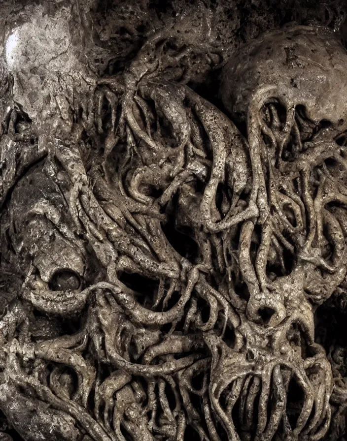Prompt: Giant Stone skull with petrified tentacles in dark cave, Ayahuasca, surface of mold and decay, by H. R. Giger:: Macro::2 8K:: Contre-Jour::2 Morph:: watermark::-0.3 blurry::-0.3 cropped::-0.3 Unreal Engine::3