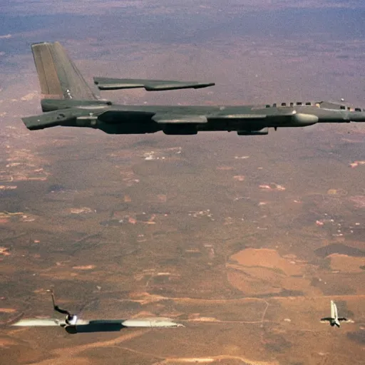 Image similar to b 5 2 bomber dropping bananas as bombs, aerial photography