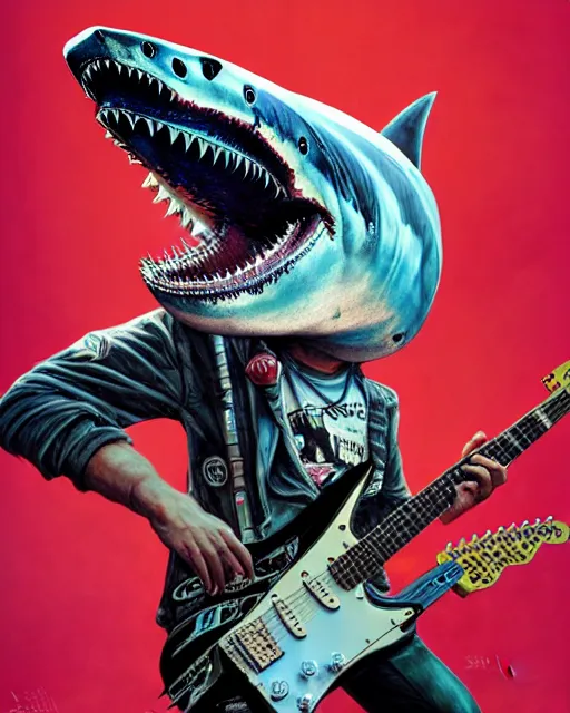 Prompt: a portrait of an anthropomorphic cyberpunk great white shark head, shredding an electric guitar by sandra chevrier, by jon foster, detailed render, epic composition, cybernetics, 4 k realistic, fender stratocaster, cryengine, realistic shaded lighting, sharp focus, masterpiece, by enki bilal