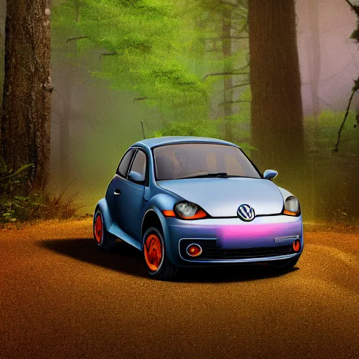 Prompt: promotional scifi - mystery movie scene of a real ladybug that is a hybrid with a ( volkswagen beatle ) hybrid, flying down a dusty back - road in smokey mountains tennessee. cinematic, 4 k, imax, 7 0 mm, muted dramtic color, hdr