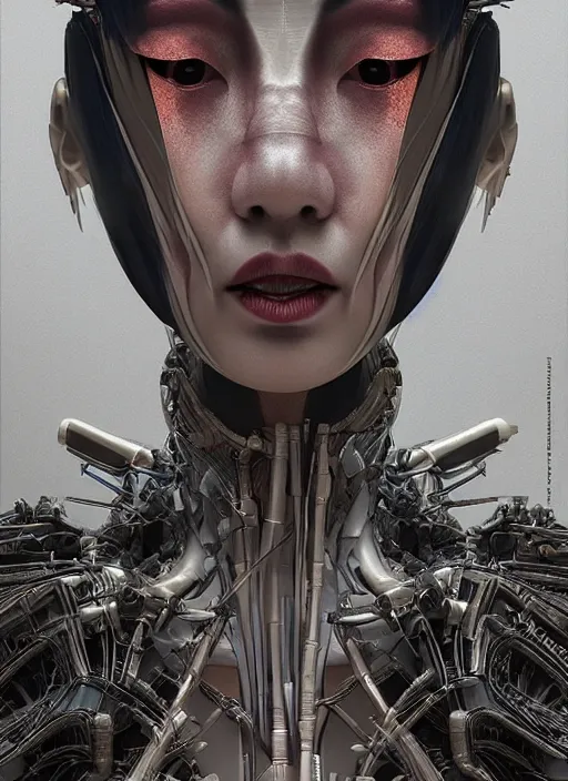 Image similar to portrait of a futuristic geisha cyborg, in the style of ghost in the shell, kintsugi, modern fine art, fractal, intricate, elegant, highly detailed, digital photography, subsurface scattering, by jheronimus bosch and h r giger and greg rutkowski,