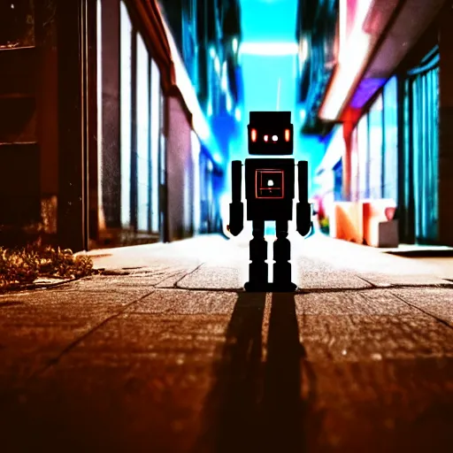 Prompt: robot in the middle of a cyberpunk street walking side by side with a a child