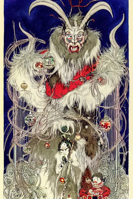 Prompt: victorian gruss vom krampus in the center of a frame made of christmas ornaments, art by kay nielsen and walter crane, illustration style, watercolor