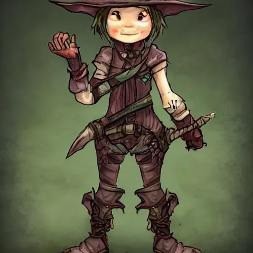 Prompt: cute tiny goblin girl wearing hunter armor from Bloodborne and a wizard hat, geeen skin, d&d, shadbase