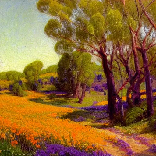 Image similar to a painting of a dirt road surrounded by eucalyptus trees and california golden poppies, violet woodland hill in the distance, violet sunset. an oil painting by Julian Onderdonk, green orange violet triadic color palette, featured on deviantart, australian tonalism, pre-raphaelite, impressionism, detailed painting