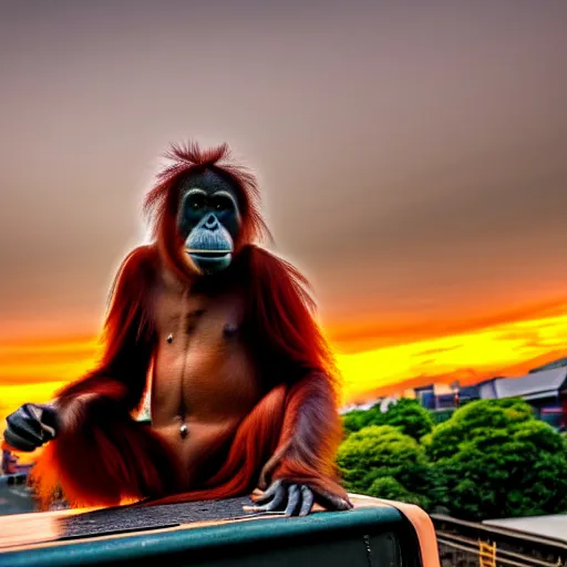 Image similar to a orangutan on top of a train in japan under a beautiful orange setting sun smoking a blunt with shades ok 4 k