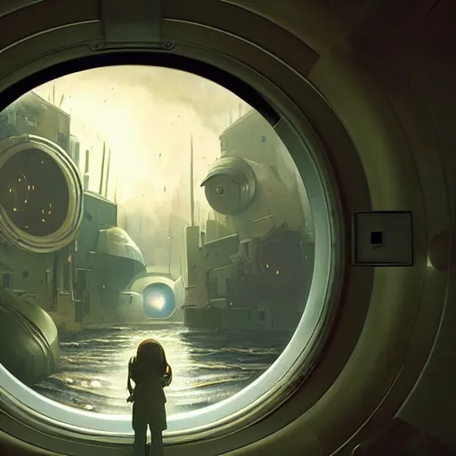 Prompt: Perspective Through the spaceship porthole window, wide shot, broad detail, outside there is a shadow monster by Greg Rutkowski