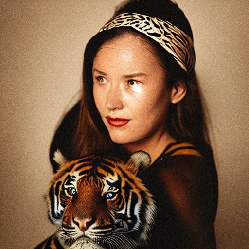 Prompt: “ portrait of a woman with a tiger. national geographic. photorealistic. studio lighting. dramatic. very coherent. hasselblad. 5 0 mm ”