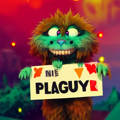 Image similar to cute furry monster holding a placard, colourful, glowing background lighting, hyper detailed, fairy tale, 4 k octane render