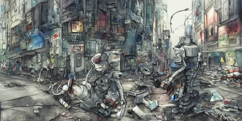 Image similar to watercolour painting of a broken robot repairing its own arm in a post apocalyptic city street, anime, pencil lines, light watercolour, pale sky, dirty streets, beautiful artwork, anime screenshot, akihabara, remaster