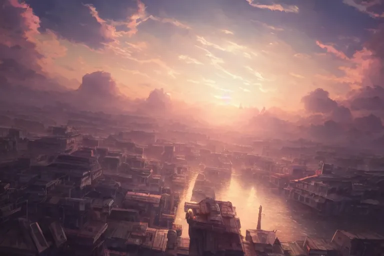 Image similar to ultra realistic city floating in the sky, colors, 8 k, hd, details, fantasy, epic, ancient city, landscape illustration concept art anime key visual trending pixiv fanbox by wlop and greg rutkowski and makoto shinkai and studio ghibli and kyoto animation symmetrical facial features