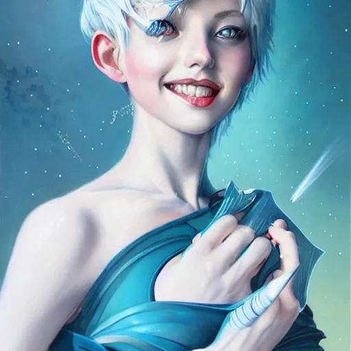 Image similar to a beautiful painting of a smiling woman with stylish short blue hair and sparkling blue eyes representative of the art style of artgerm and wlop and peter mohrbacher