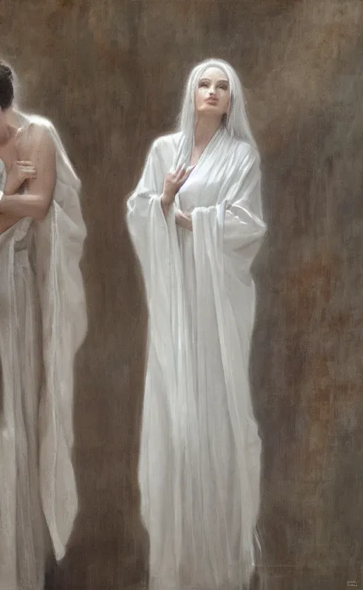 Image similar to thin angel with silver hair so pale and wan!, thin!, flowing robes, covered in robes, lone pale wan fair skinned goddess, wearing robes of silver, flowing, pale skin, young cute face, covered!!, clothed!! oil on canvas, style of lucien levy - dhurmer and jean deville, 4 k resolution, aesthetic!, mystery