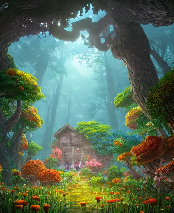 Prompt: a simple, whimsical school made from flowers, overgrown with huge exotic fungus, deep in the woods, cheerful, dramatic lighting, partly cloudy, by dan mumford, yusuke murata, makoto shinkai, ross tran, dreamy, cinematic, unreal engine, cel shaded, featured on artstation, pixiv