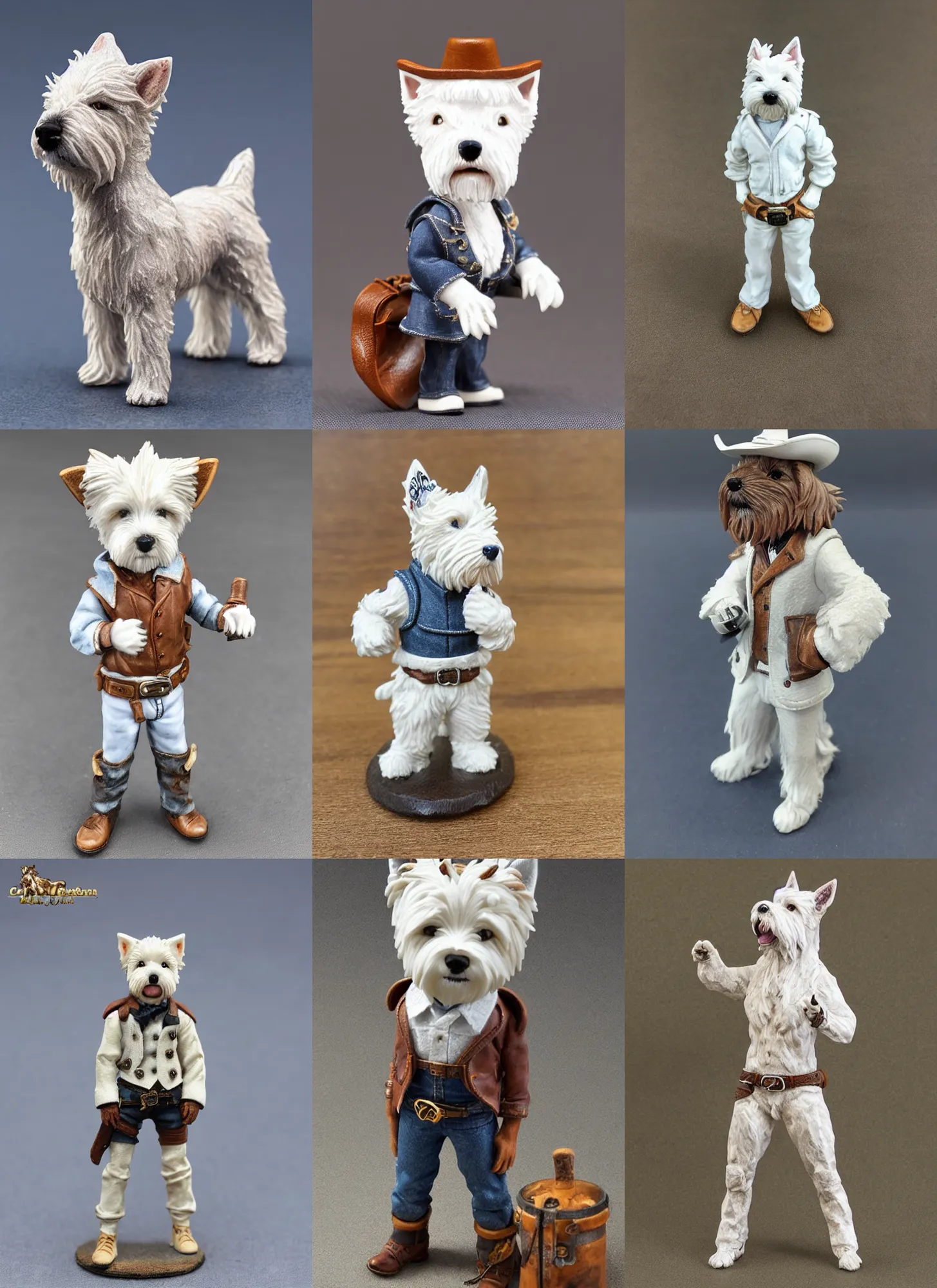 Prompt: 80mm resin detailed miniature of an anthropomorphic west highland white terrier-cowboy, Short brown leather jacket, denim short pants, ten-gallon hat; Product Introduction Photos, 4K, Full body