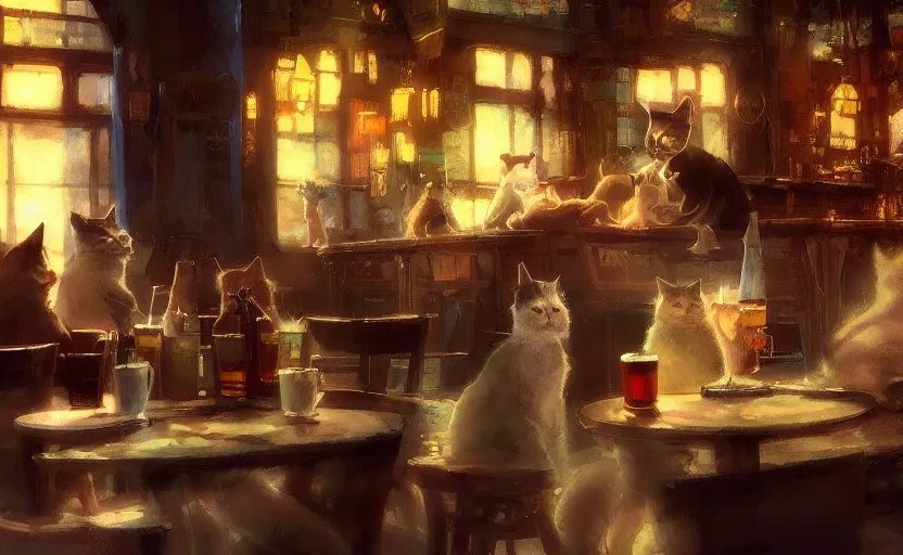 Image similar to a cat in a pub with beer, painting by craig mullins, octane rendering, soft morning lighting, wide angle lens, in the style of hayao miyazaki, trending on artstation,