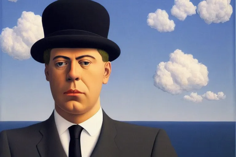 Image similar to portrait of man in a suit that has clouds instead of head by rene magritte, detailed painting, hd, hq, high resolution, high detail, 4 k, 8 k