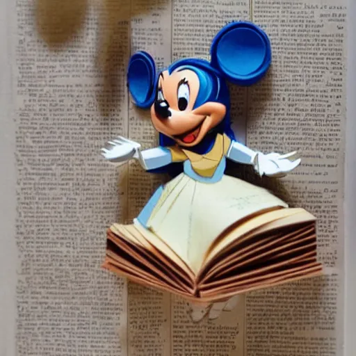 Prompt: cut paper sculpture of disney ’ s belle, reading a book