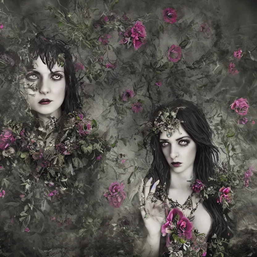 Image similar to A portrait of a Gothic goddess of floral jewels in an empty land, dark and mysterious, lively atmospheric, cinematic, 8k, 4k, ultra detail, ultra-realistic, rendered by DeviantArt