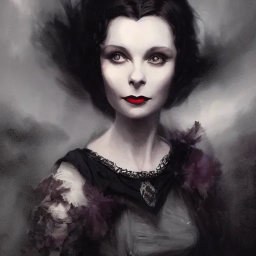 Image similar to closeup portrait of a young vivian leigh in gothic clothing, dramatic light, gorgeous view, depth, high detail, digital art, painted by greg rutkowski and seb mckinnon, by tim burton, trending on artstation