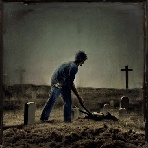 Image similar to one man in a cemetery digging up a dead body, by nicola samori, painting, 8 k, high detail, blue, orange, and dark green tones, high quality, sad feeling, high detail, dark colors, sinister atmosphere, dramatic lighting, cinematic, establishing shot, extremely high detail, photo realistic, cinematic lighting, album cover