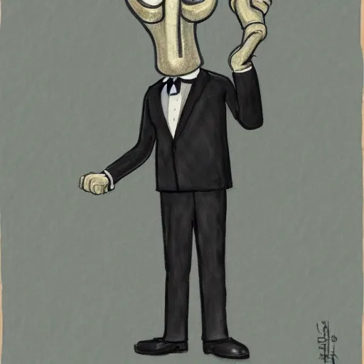 Prompt: squidward wearing an ornate suit, portrait style painting