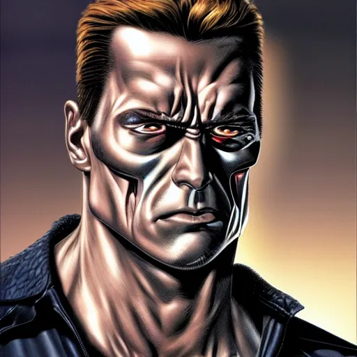 Prompt: Terminator t800 in the style of Alex Ross, 4k