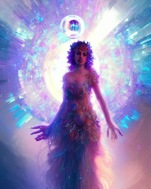 Image similar to Full View Portrait Mystical ethereal discoball deity wearing beautiful dress, disco ball Dryad beautiful dress, 4k digital masterpiece by Greg Rutkowski and Ruan Jia and rossdraws, Alberto Seveso, fantasycore, Hyperdetailed, realistic oil on linen, soft lighting, Iconography background, featured on Artstation