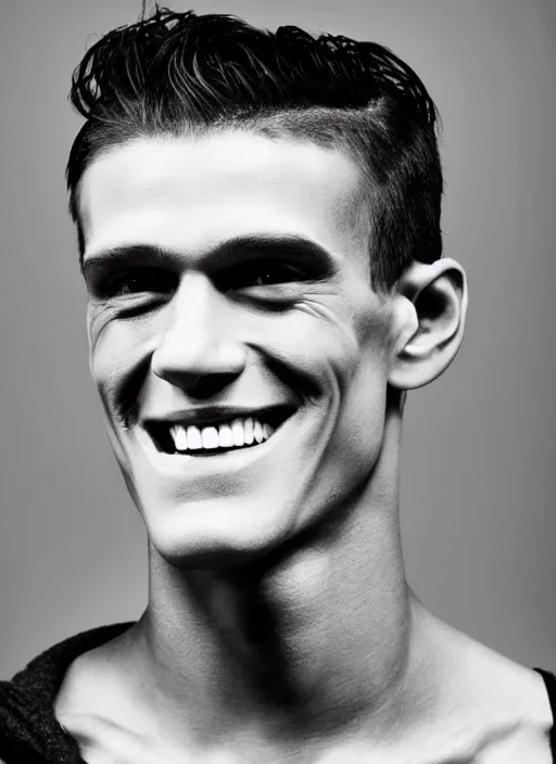 Image similar to Handsome Frankenstein, smooth skin, young man, masculine, strong cheekbones, charming smile, gorgeous