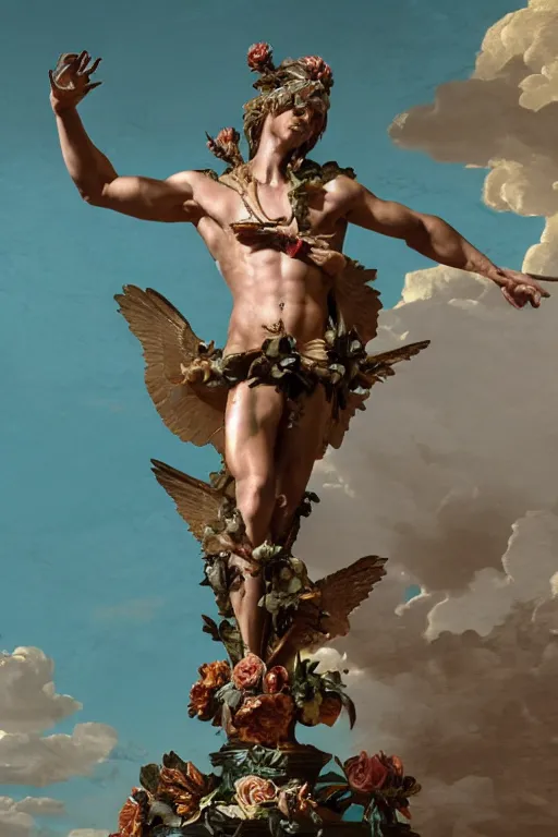 Image similar to a young handsome Spanish prince in a full-body bronze baroque statue of Icarus posed like a bird, crown of peach roses, flowing teal-colored silk, fabric, flowers. baroque elements, human skull. full-length view. baroque element. intricate artwork by caravaggio. many many birds birds on background. Trending on artstation, octane render, cinematic lighting from the right, hyper realism, octane render, 8k, depth of field, 3D
