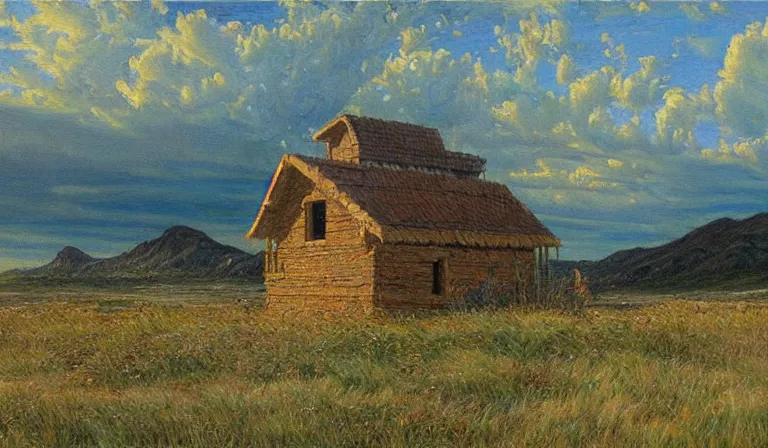 Prompt: A serene landscape with a singular building in the style of Donato Giancola.