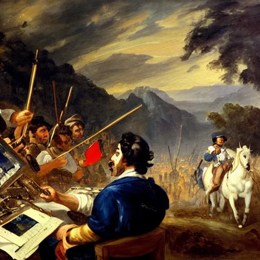 Image similar to a painting of a facebook engineer programming a continuous integration system in the style of delacroix\'s liberty leading the people