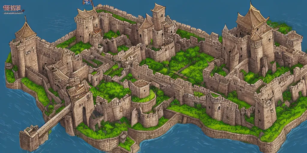 Image similar to Beautiful rectangular walled city state with castle at the top. In style of Lee Myung-jin, Korean MMORPG, manhwa, Ragnarok Online, epic, professional art, digital art, 8K, view from above.