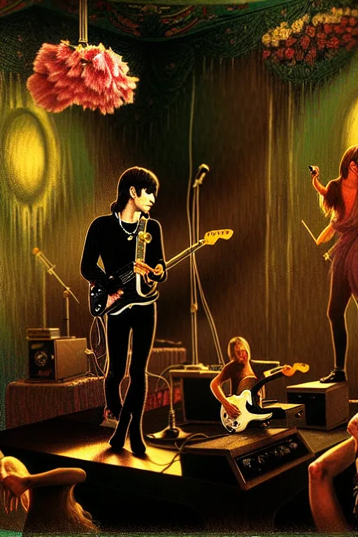 Image similar to the velvet underground and nico playing live on stage at a night club, beautiful stage decoration with flowers in the background, painting by albert bierstadt and ivan shishkin and james jean, very detailed and toned down and ornamental and moody and cool and relaxed and high on drugs, tasteful colors, trending on artstation, behance contest winner