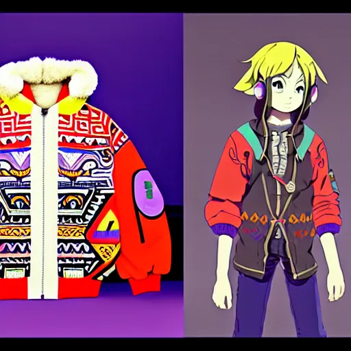 Image similar to majora majora's mask wearing oversized mayan bomber jacket with overalls, bulky poofy bomber jacket with mayan patterns, aztec street fashion, botw art style, gapmoe yandere grimdark, trending on pixiv fanbox, painted by greg rutkowski makoto shinkai takashi takeuchi studio ghibli, akihiko yoshida