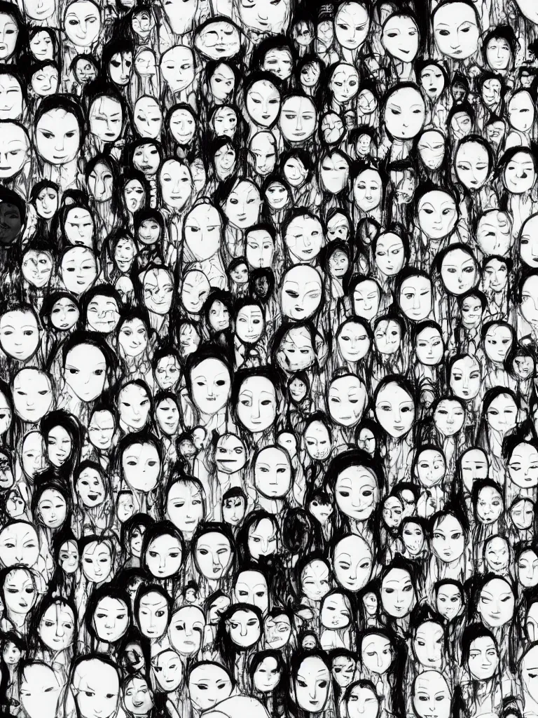 Prompt: black and white sketch of thousand faces packed together by disney concept artists, blunt borders, rule of thirds